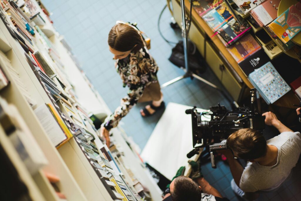 Birds eye video of a video production company at work.